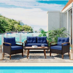 GO 4-Piece Garden Furniture, Patio Seating Set, PE Rattan Outdoor Sofa Set, Wood Table and Legs, Brown and Blue