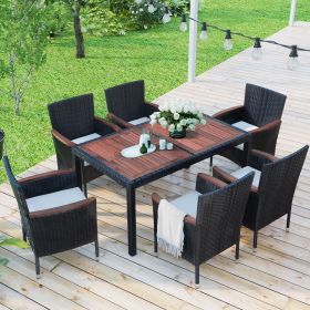 7-Piece Outdoor Patio Dining Set, Garden PE Rattan Wicker Dining Table and Chairs Set, Acacia Wood Tabletop, Stackable Armrest Chairs with Cushions