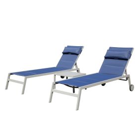 Outdoor Patio Chaise Lounge Set of 3, Aluminum Pool Lounge Chairs with Side Table and Wheels