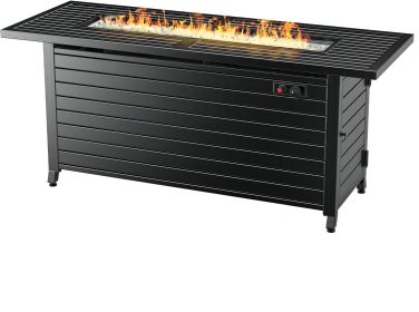 LEGACY HEATING 57" Propane Fire Pit Table, 50,000BTU Outdoor Gas Fire Pit, 2 in 1 Rectangular Firepit Tabletop w/ Lid, Wind Guard, Glass Beads (Color: Black, Material: Aluminum)